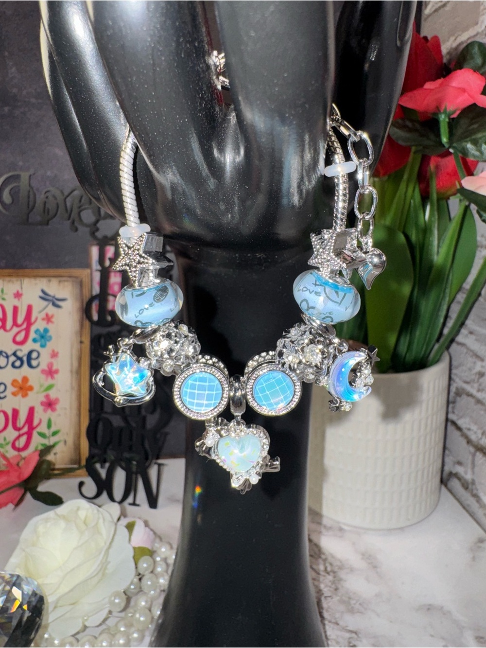 Silver-Tone Blue Charm Necklace with Hearts, Stars & Moon